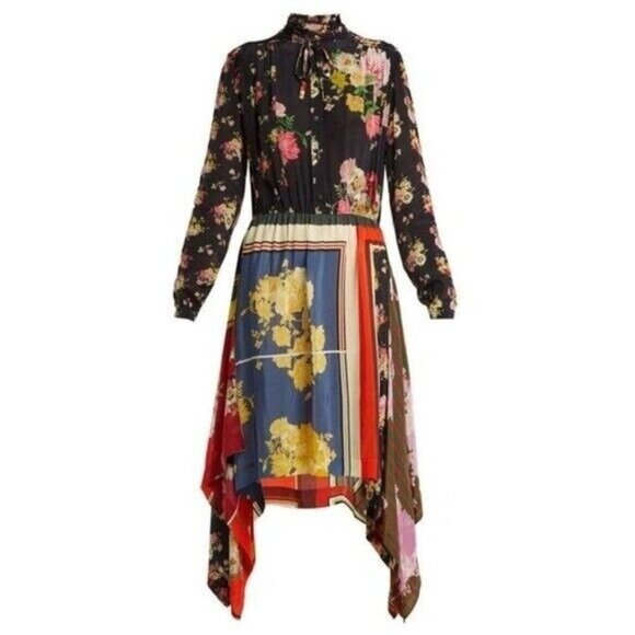 Preen Line Mila Printed Crepe De Chine Dress Black Floral Foulard - Picture 2 of 7